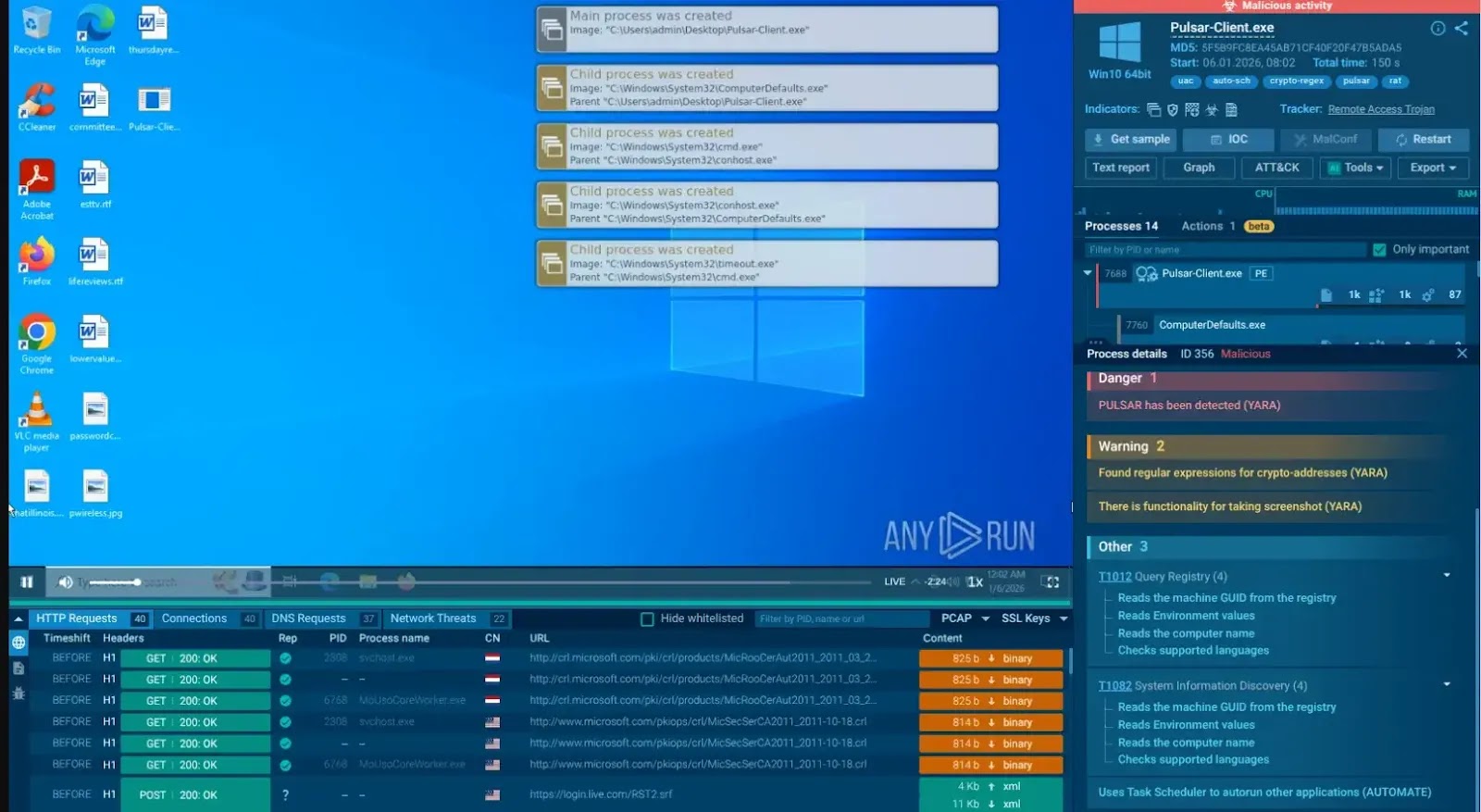Αλυσίδα επίθεσης Pulsar RAT στο Sandbox του ANY.RUN (πηγή: any.run)